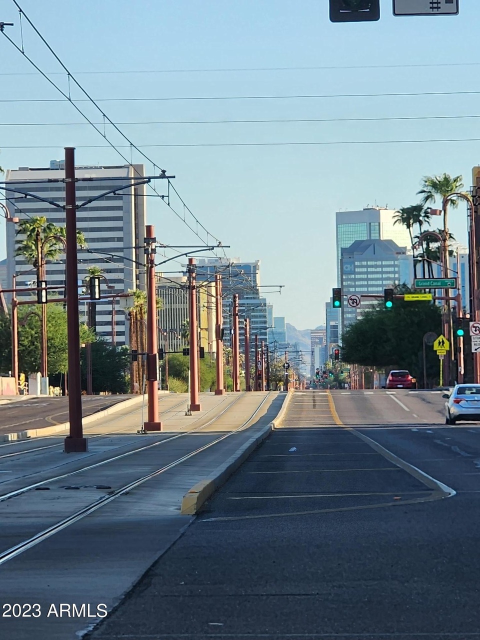 Valley Metro light rail on Central Avenue with downtown Phoenix in the background